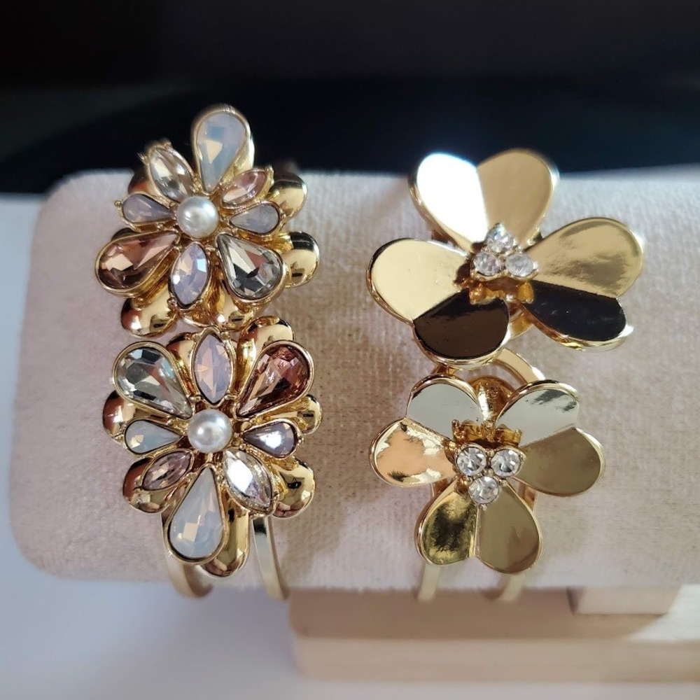 Gold Tone Floral Hinged Cuff Bracelet Set Crystal Faux Pearl Flower 2pc